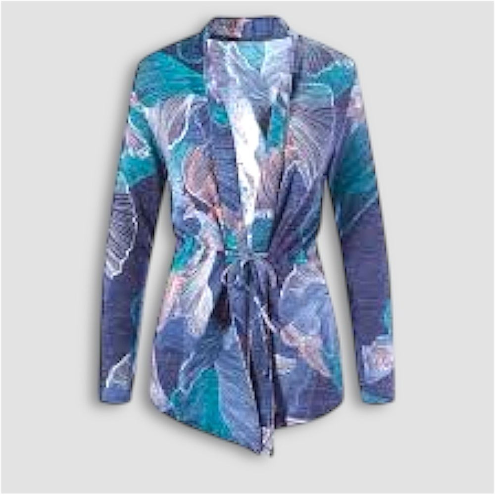 Chico’s Flowing Petals Lightweight Open Front Mermaid Print Jacket Size Small